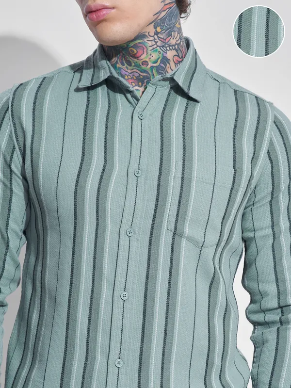 Highlander Men Green Striped Oversized Fit Casual Shirt