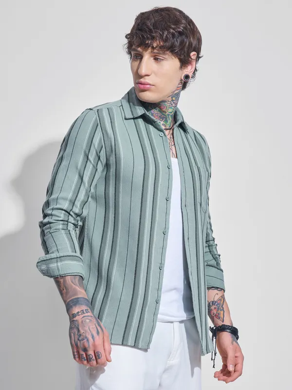 Highlander Men Green Striped Oversized Fit Casual Shirt