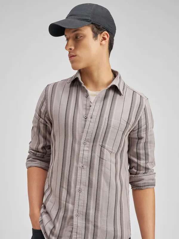 Highlander Men Taupe Striped Slim Fit Casual Shirt