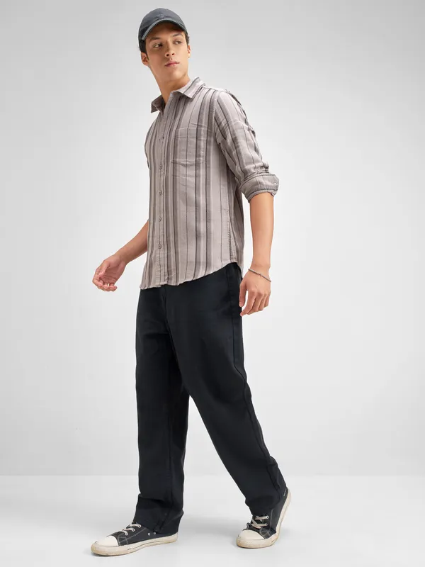 Highlander Men Taupe Striped Slim Fit Casual Shirt