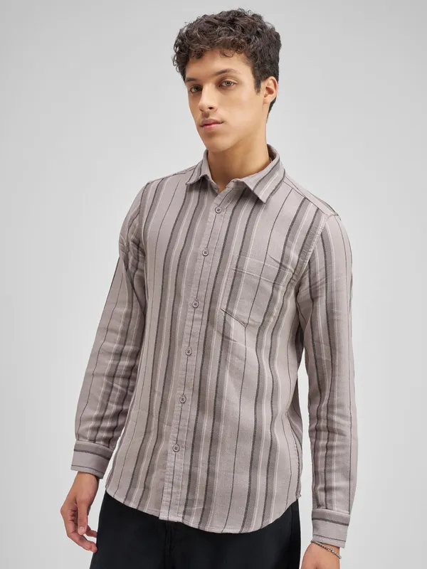 Highlander Men Taupe Striped Slim Fit Casual Shirt