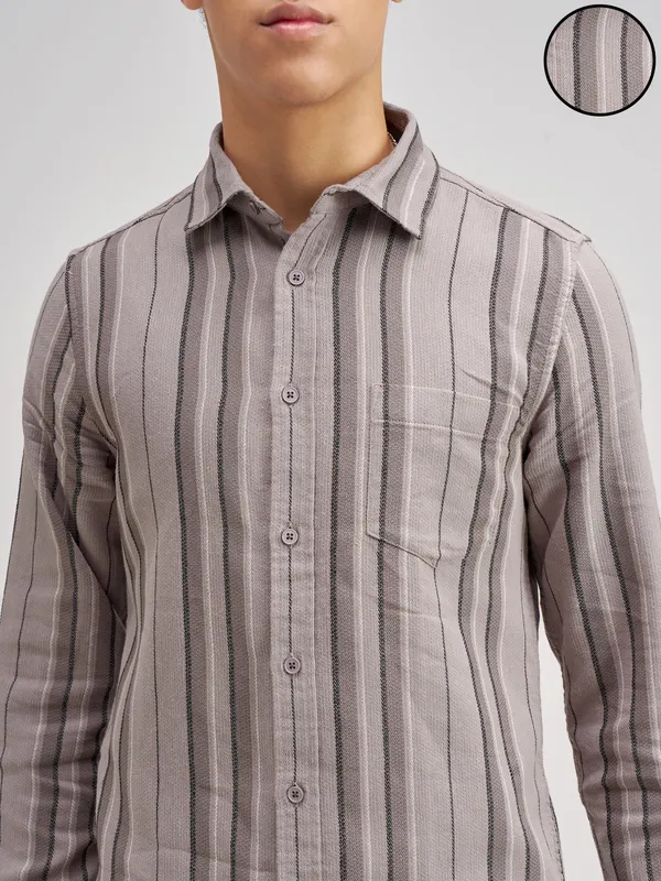 Highlander Men Taupe Striped Slim Fit Casual Shirt
