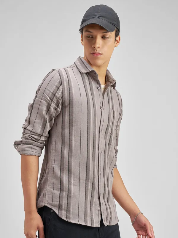 Highlander Men Taupe Striped Slim Fit Casual Shirt