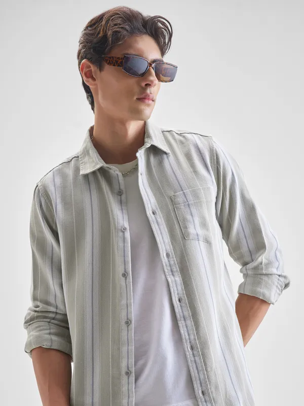 Highlander Men Olive Striped Slim Fit Casual Shirt