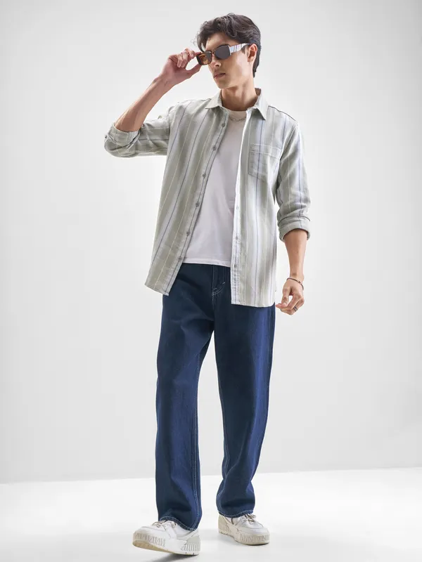 Highlander Men Olive Striped Slim Fit Casual Shirt