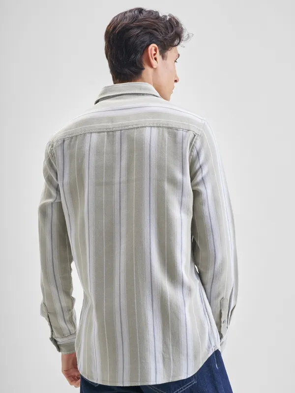 Highlander Men Olive Striped Slim Fit Casual Shirt