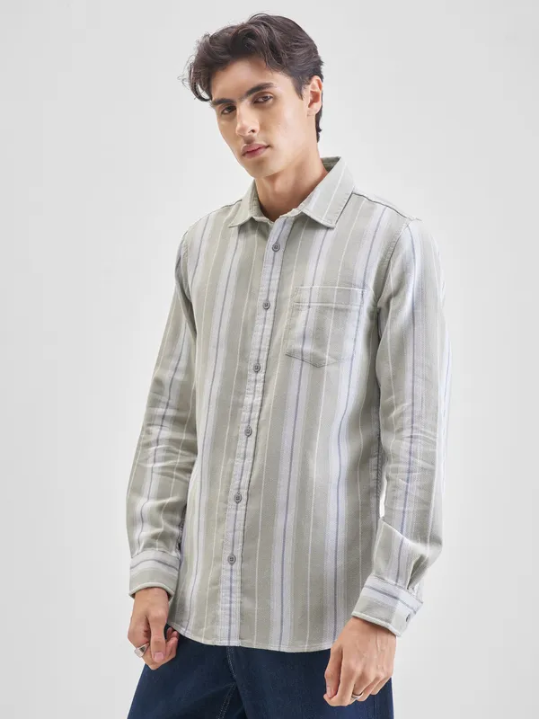 Highlander Men Olive Striped Slim Fit Casual Shirt