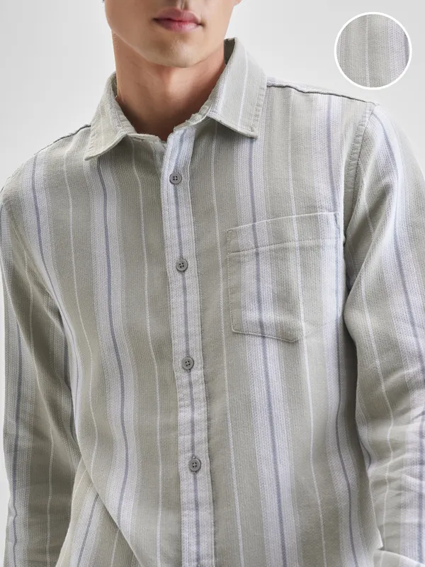 Highlander Men Olive Striped Slim Fit Casual Shirt