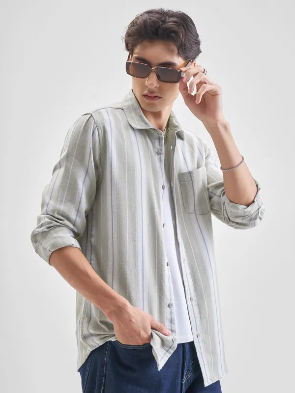 Highlander Men Olive Striped Slim Fit Casual Shirt