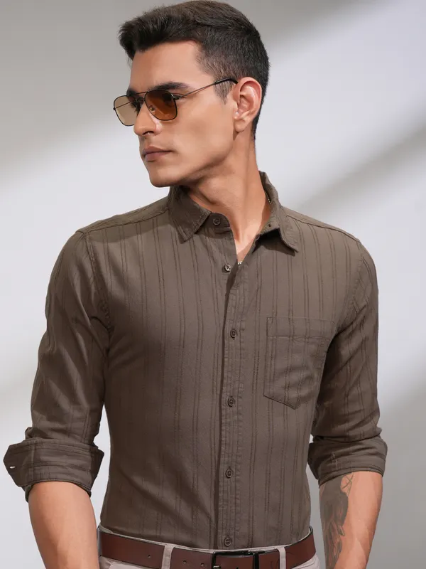 Highlander Men Brown Striped Slim Fit Casual Shirt