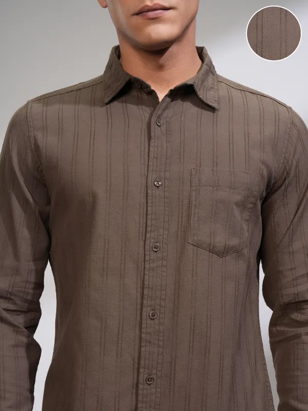 Highlander Men Brown Striped Slim Fit Casual Shirt