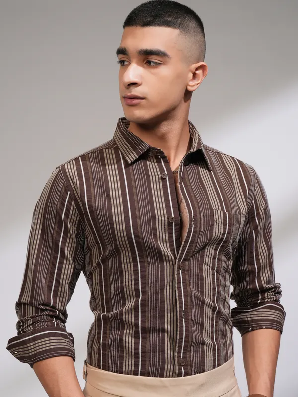 Highlander Men Brown Striped Slim Fit Casual Shirt