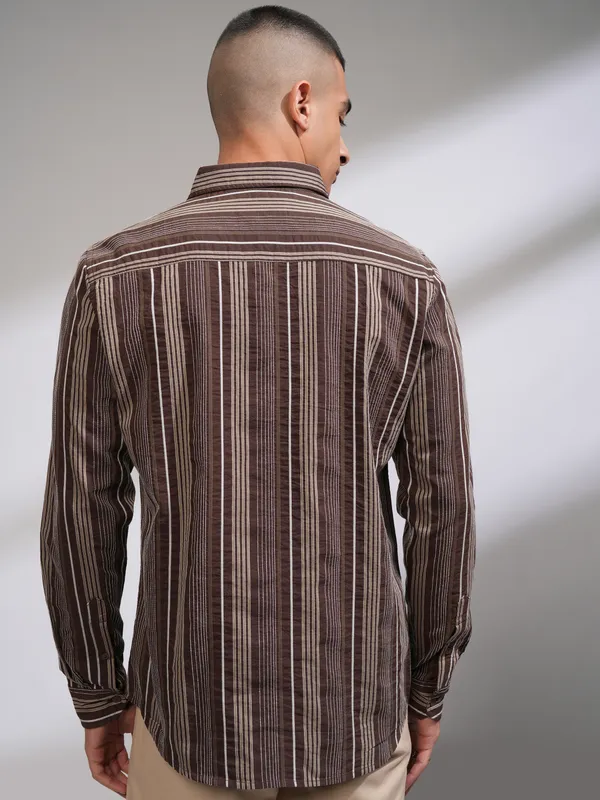 Highlander Men Brown Striped Slim Fit Casual Shirt