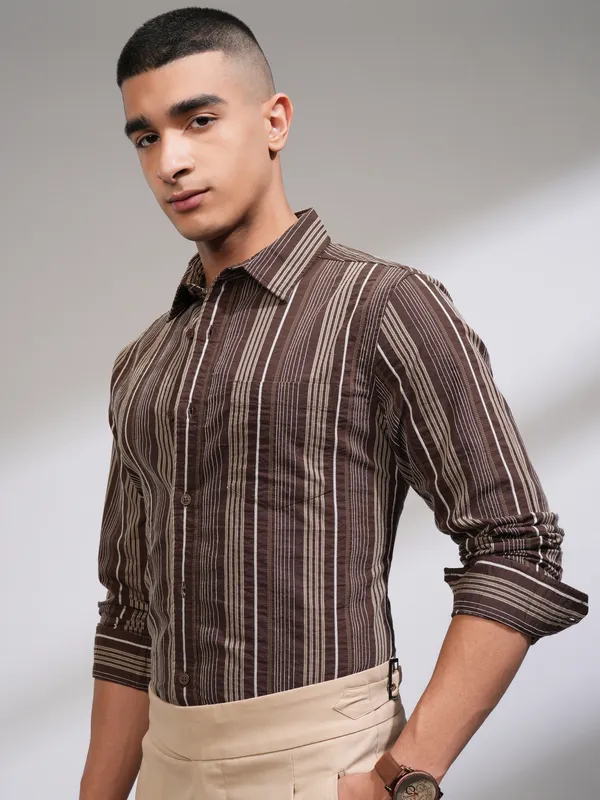 Highlander Men Brown Striped Slim Fit Casual Shirt