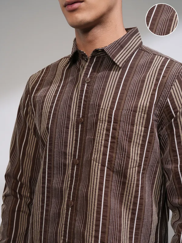 Highlander Men Brown Striped Slim Fit Casual Shirt