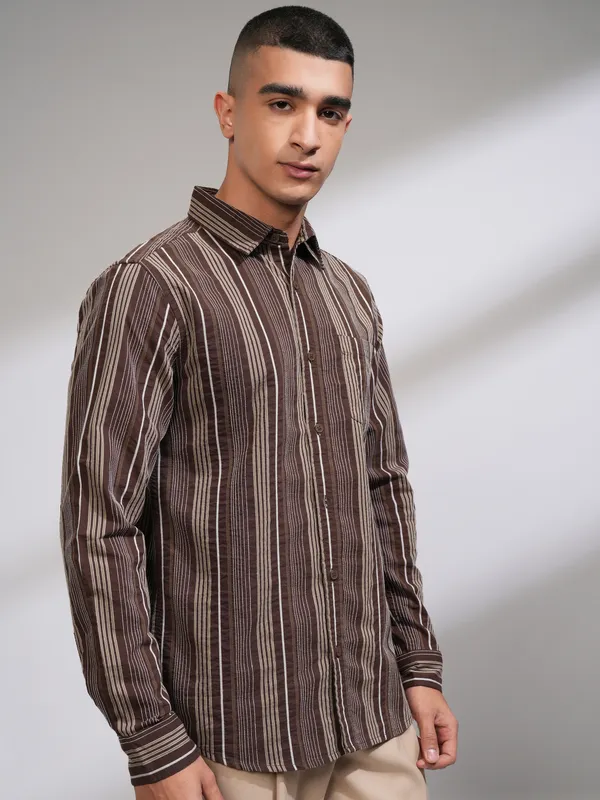 Highlander Men Brown Striped Slim Fit Casual Shirt