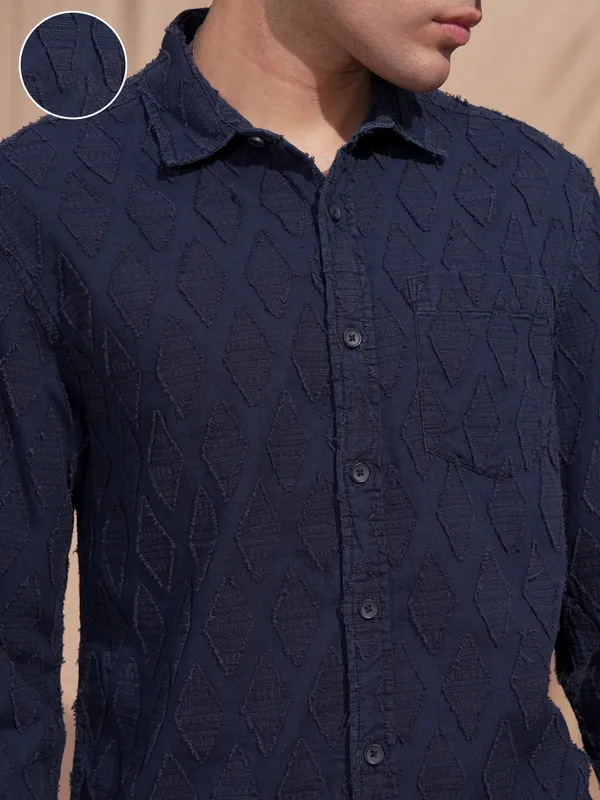 Highlander Men Navy Blue Self Design Relaxed Fit Casual Shirt