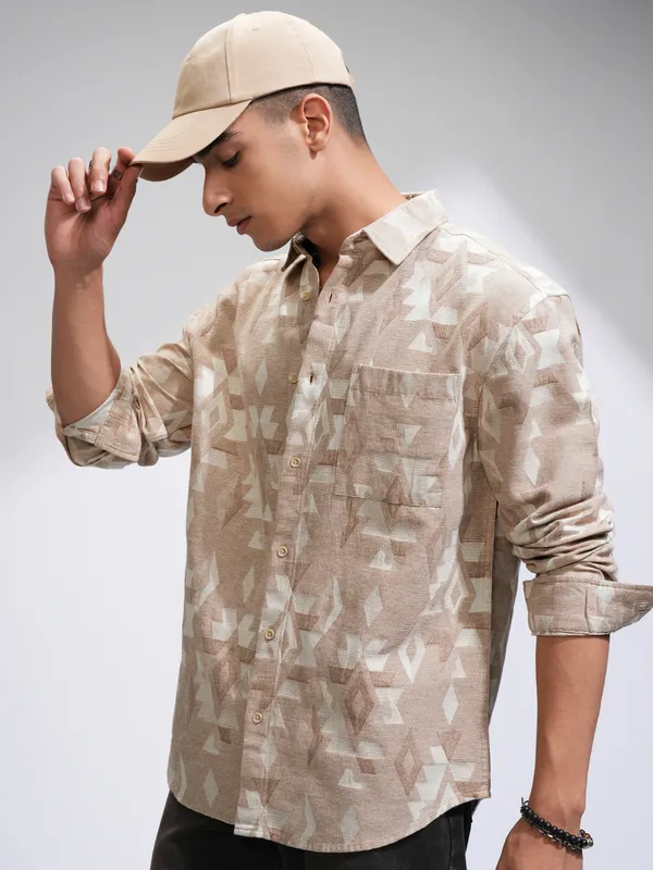 Highlander Men Beige Printed Relaxed Fit Casual Shirt