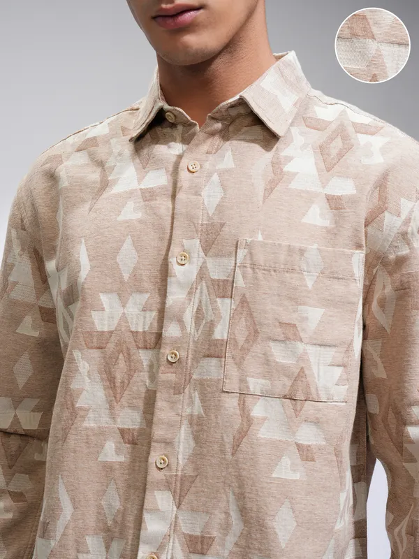 Highlander Men Beige Printed Relaxed Fit Casual Shirt