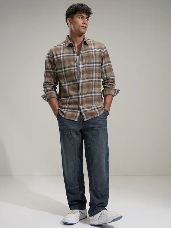 Highlander Men Beige Checked Relaxed Fit Casual Shirt