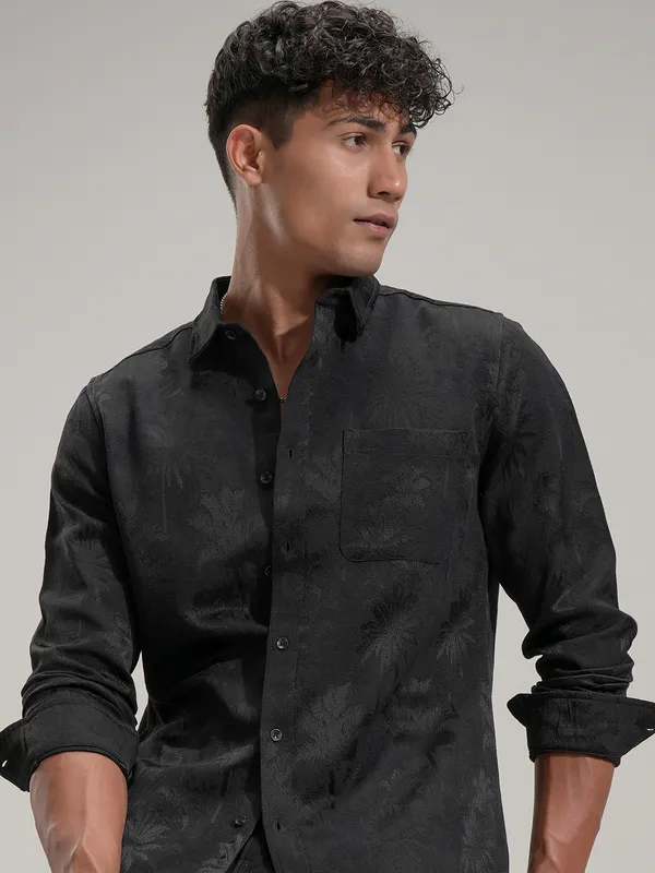 Highlander Men Black Self Design Slim Fit Casual Shirt