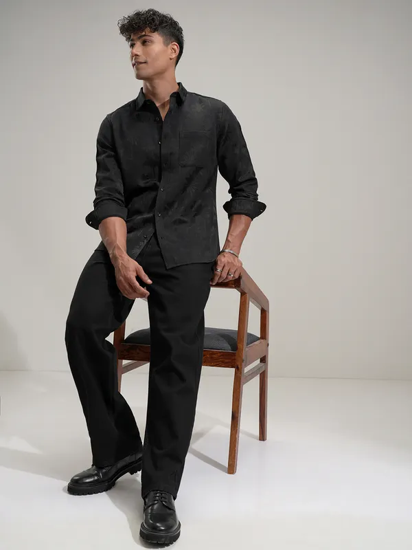 Highlander Men Black Self Design Slim Fit Casual Shirt