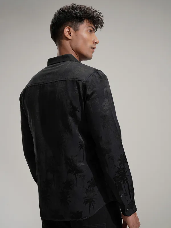 Highlander Men Black Self Design Slim Fit Casual Shirt