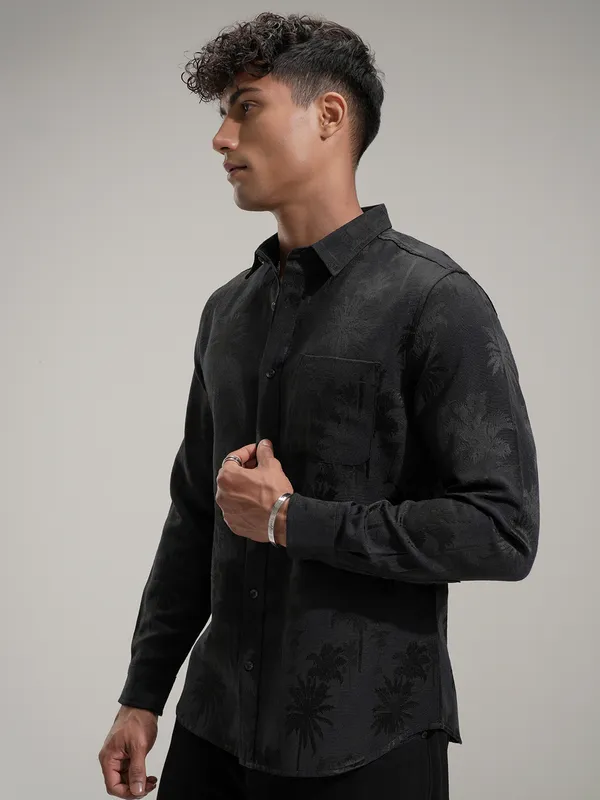 Highlander Men Black Self Design Slim Fit Casual Shirt