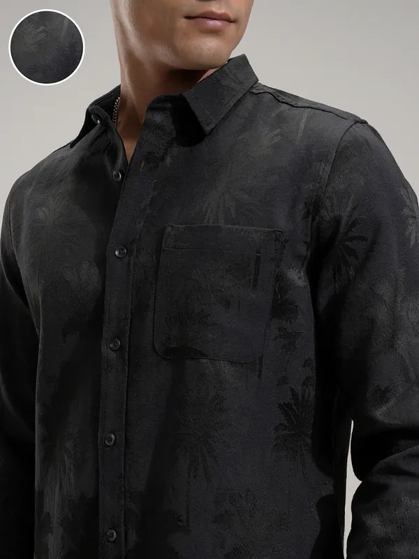 Highlander Men Black Self Design Slim Fit Casual Shirt