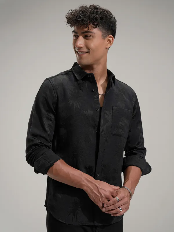 Highlander Men Black Self Design Slim Fit Casual Shirt