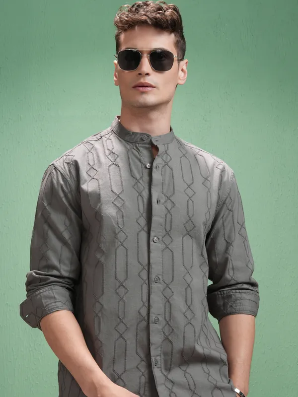 Highlander Men Grey Embroidered Relaxed Fit Casual Shirt