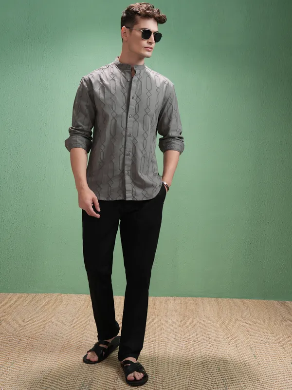 Highlander Men Grey Embroidered Relaxed Fit Casual Shirt
