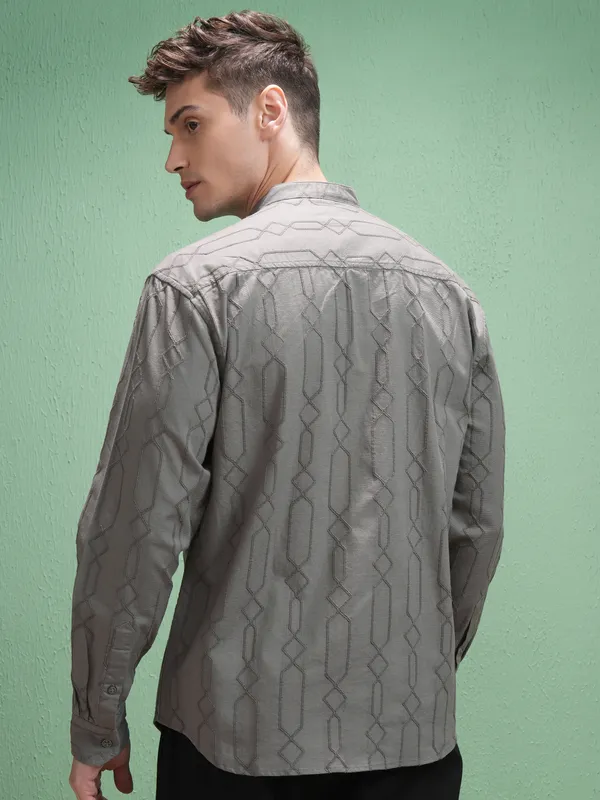 Highlander Men Grey Embroidered Relaxed Fit Casual Shirt