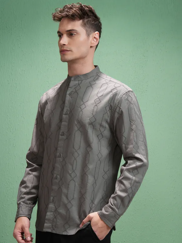 Highlander Men Grey Embroidered Relaxed Fit Casual Shirt