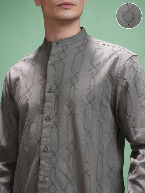 Highlander Men Grey Embroidered Relaxed Fit Casual Shirt