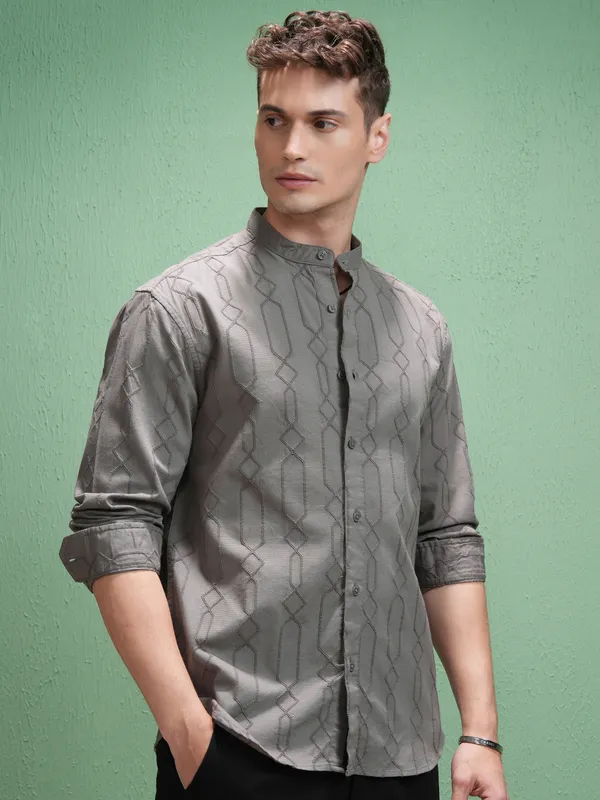 Highlander Men Grey Embroidered Relaxed Fit Casual Shirt