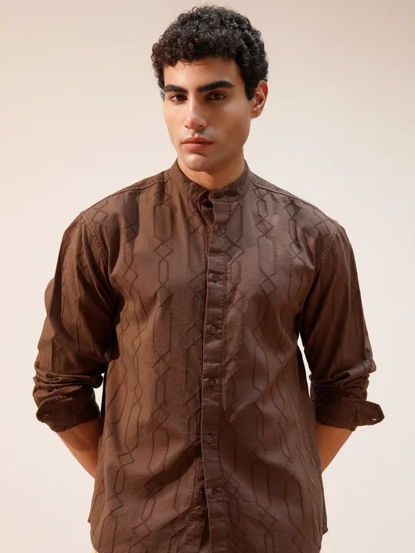 Highlander Men Brown Self Design Relaxed Fit Casual Shirt