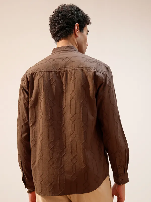 Highlander Men Brown Self Design Relaxed Fit Casual Shirt