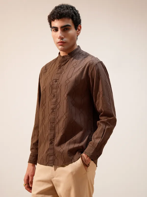 Highlander Men Brown Self Design Relaxed Fit Casual Shirt