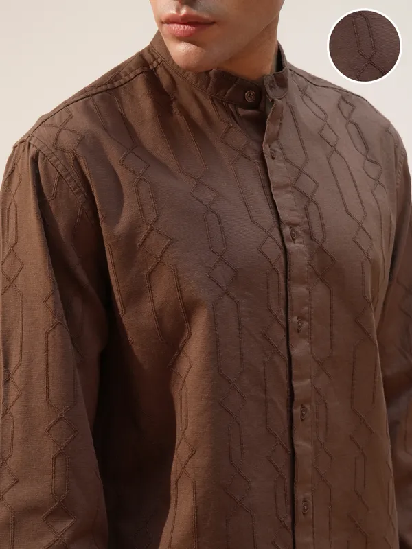Highlander Men Brown Self Design Relaxed Fit Casual Shirt