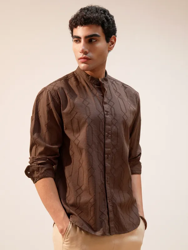 Highlander Men Brown Self Design Relaxed Fit Casual Shirt