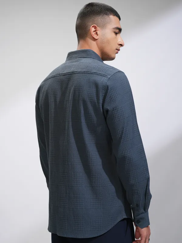 Highlander Men Blue Textured Slim Fit Casual Shirt
