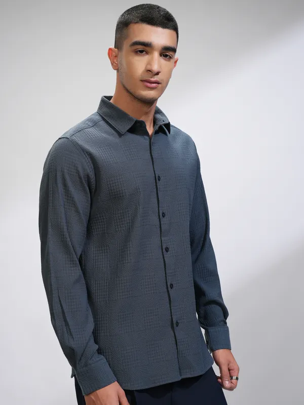 Highlander Men Blue Textured Slim Fit Casual Shirt