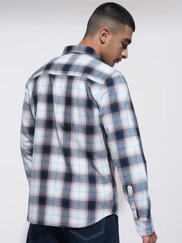 Highlander Men Peach Checked Slim Fit Casual Shirt