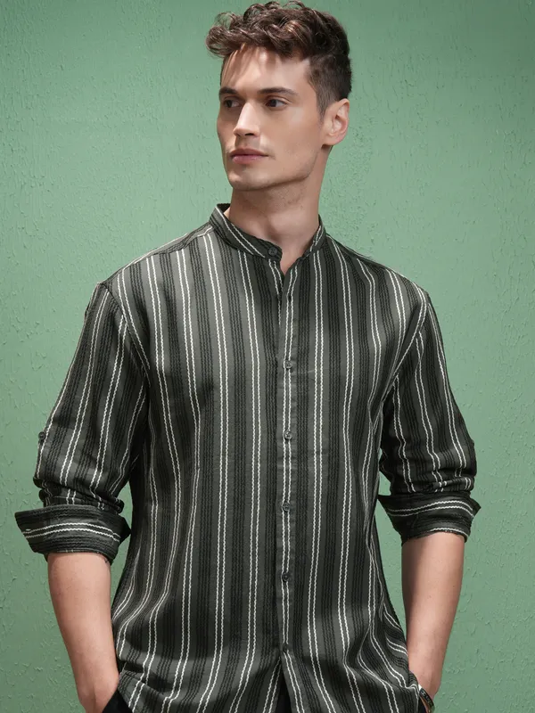 Highlander Men Olive Striped Relaxed Fit Casual Shirt