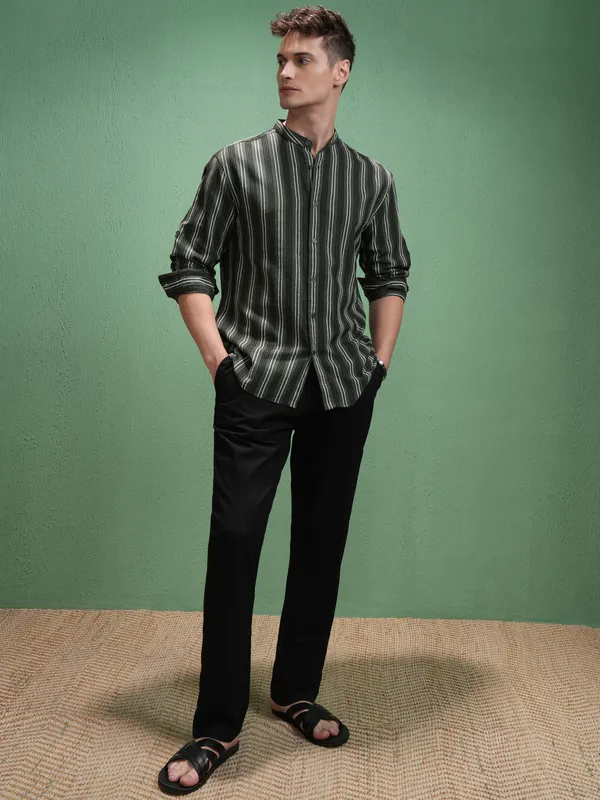Highlander Men Olive Striped Relaxed Fit Casual Shirt