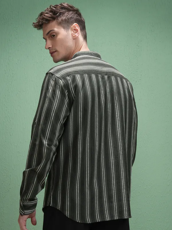 Highlander Men Olive Striped Relaxed Fit Casual Shirt