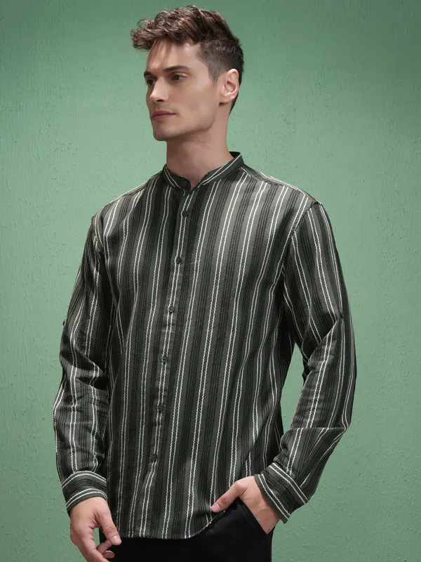 Highlander Men Olive Striped Relaxed Fit Casual Shirt