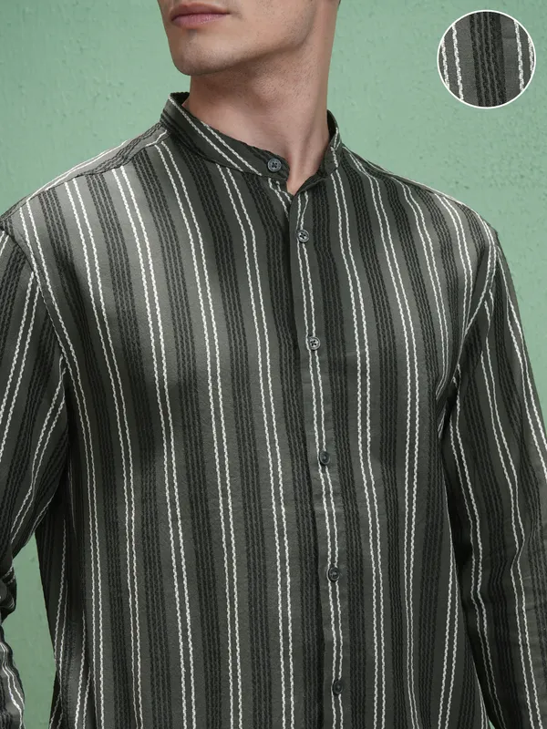 Highlander Men Olive Striped Relaxed Fit Casual Shirt