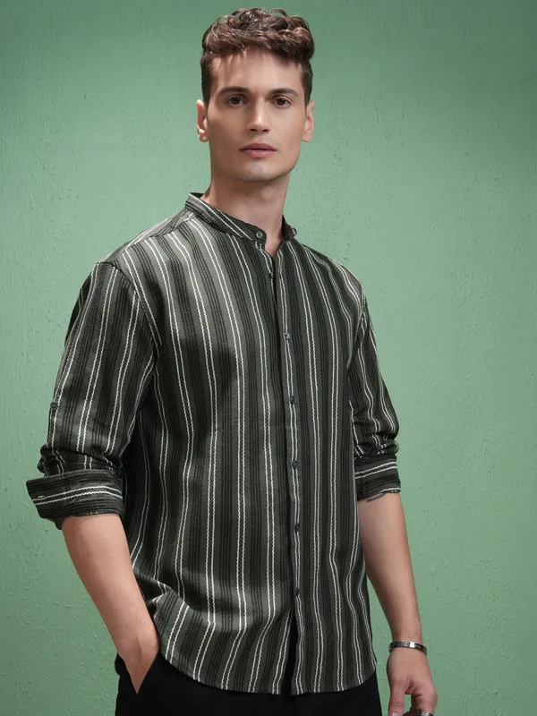 Highlander Men Olive Striped Relaxed Fit Casual Shirt
